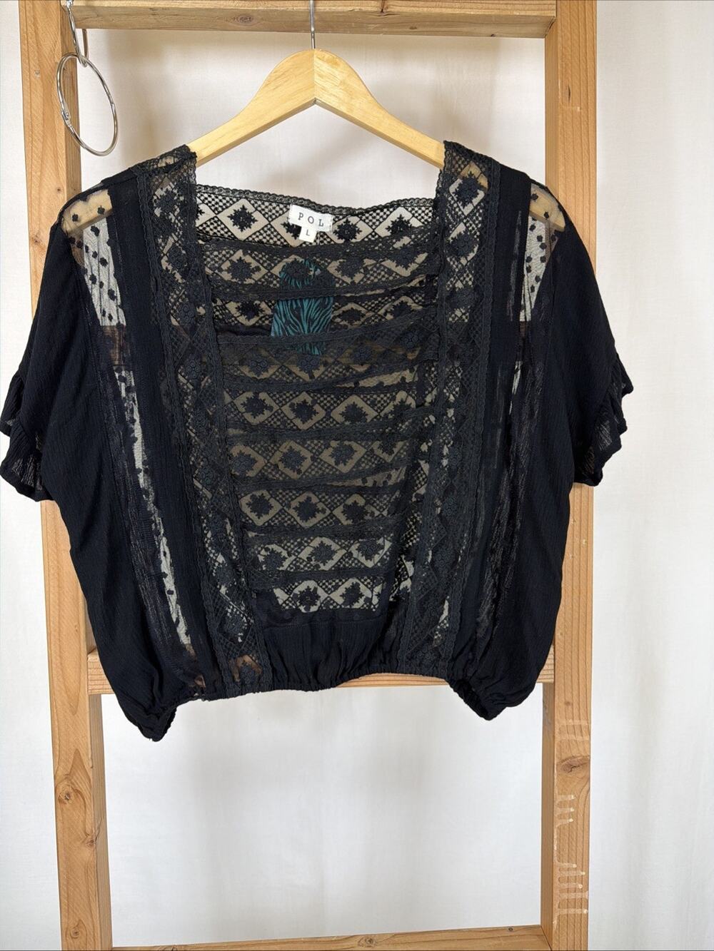 Pol Black Lace Sheer Pop Over Blouse Top #1215 Size LARGE